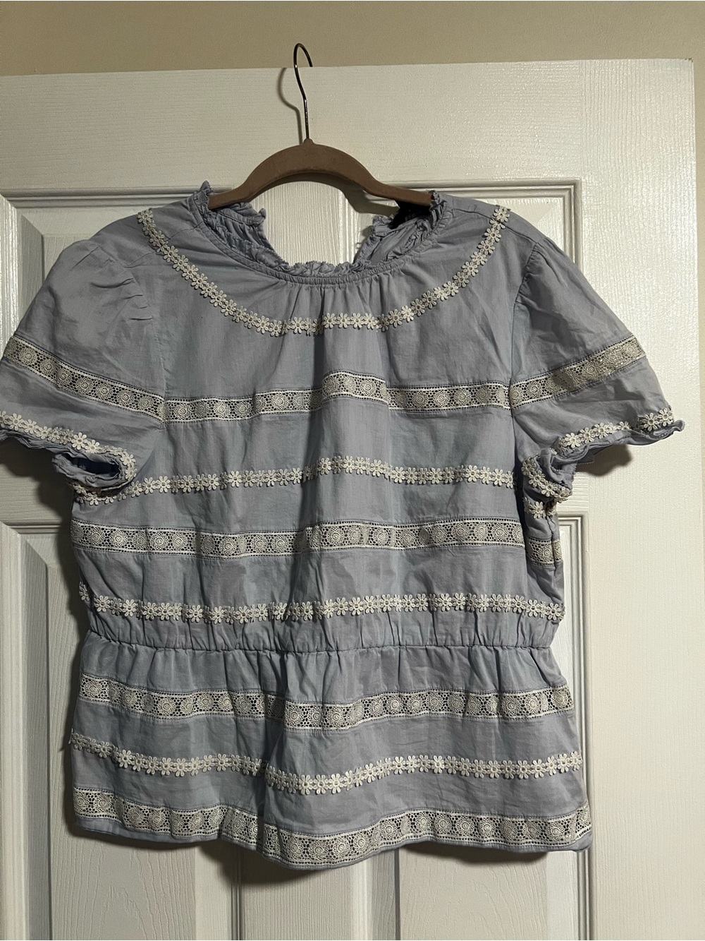 J. Crew Pale Blue Floral Trim Ruffled Neck Blouse